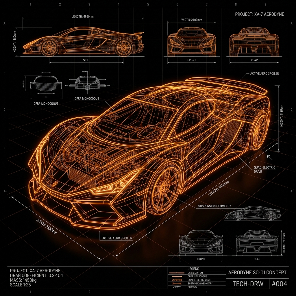 High-precision 3D wireframe of a futuristic supercar - Digital Engineering by DAIVA STUDIO