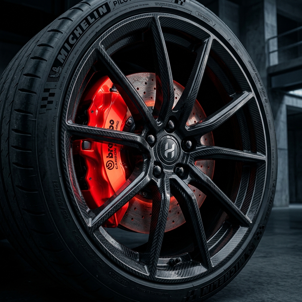 Macro detail of performance car wheel and carbon fiber engineering